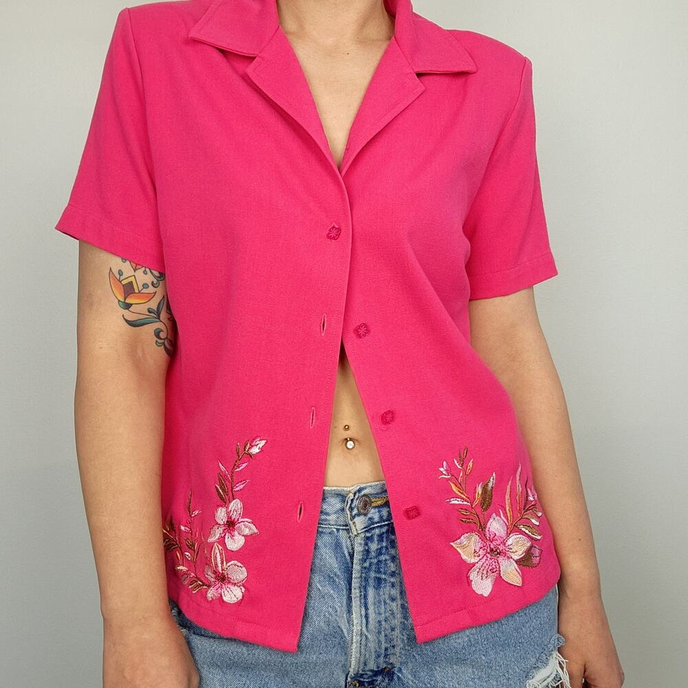 Vintage Koret Floral Embroidered Short Sleeve Blouse Button Up 8 - Picture 2 of 10